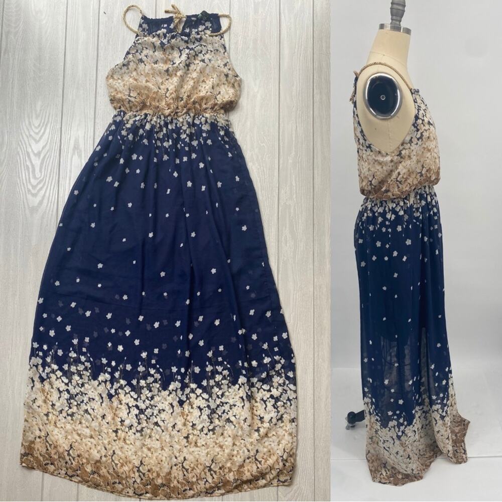 Hologram Navy Blue & Cream Floral Gold Braided Halter Maxi Dress Size Medium - Picture 3 of 10